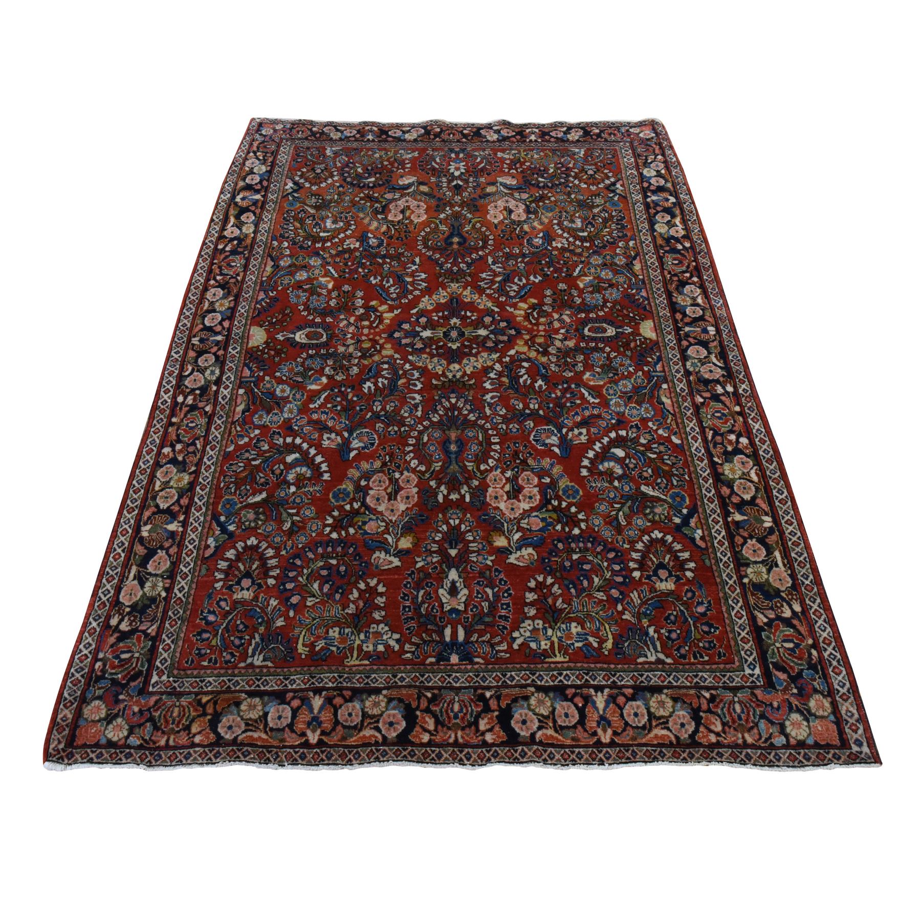 4'1"x6'5" Savvy Red, Antique Persian Sarouk with All Over Design, Full Pile, Soft and Clean, Excellent Condition, Sides and Ends Professionally Secured, 100% Wool, Hand Knotted, Oriental Rug 